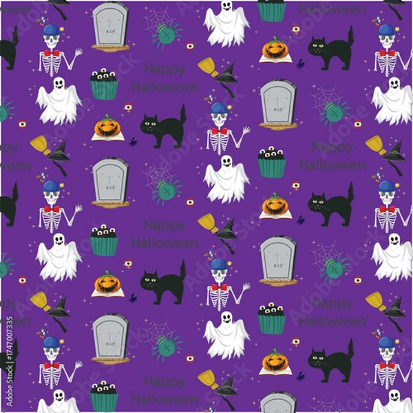 Obraz Spooky Halloween Pattern with Ghosts and Cats