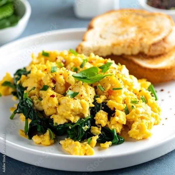 Fototapeta Scrambled eggs with spinach and toast (4)