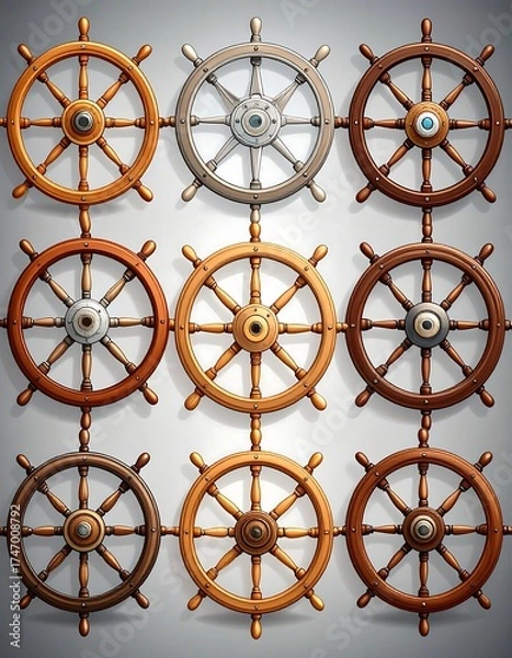 Fototapeta Nine wooden ship steering wheels in various shades of brown and grey, arranged in a grid pattern.  Each wheel has spokes and a central hub