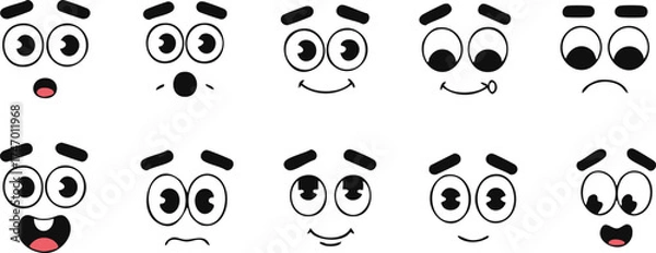Fototapeta Retro 30s cartoon mascot characters. Funny face expressions with varied comic emotions surprise, anger and joy love, silliness. Vintage elements for stickers, comics and games, kids apps. Vector set