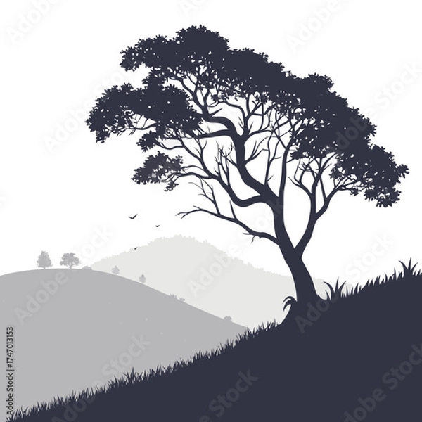Fototapeta Dark silhouette tree on rolling hills with birds landscape