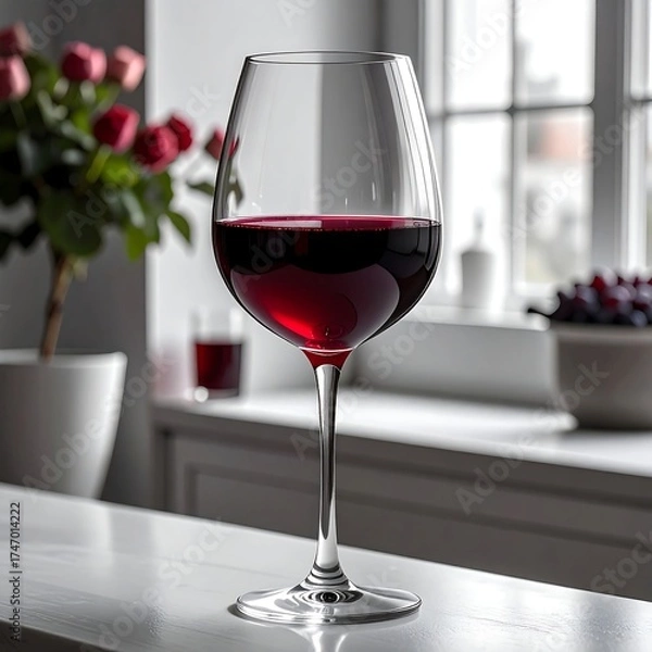 Fototapeta Elegant red wine glass on a countertop, near a window with flowers
