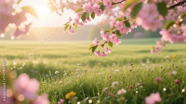 Obraz  a field of pink cherry blossoms in the sunlight, with lush green grass and trees in the background The flowers are in full bloom, creating a beautiful and vibrant