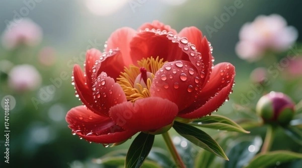 Fototapeta  a vibrant red peony flower with water droplets glistening on its petals, surrounded by lush green leaves and buds The background is slightly blurred, adding to the