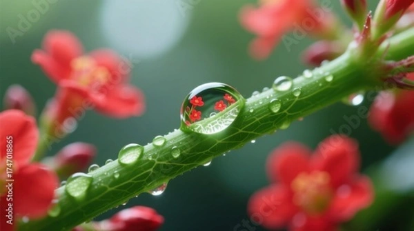 Fototapeta  a red flower with water droplets on its stem, surrounded by lush green leaves The background is slightly blurred, giving the image a dreamy feel