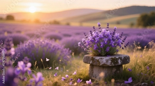 Fototapeta  a beautiful lavender field at sunset, with the sun setting in the background The field is filled with vibrant purple flowers, lush green grass, and tall trees The