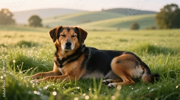 Fototapeta  a black, brown and white dog laying in the grass with its eyes closed, surrounded by trees, mountains and a clear blue sky