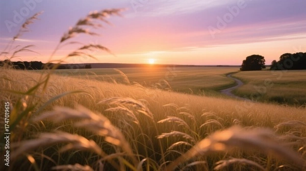 Obraz  a field of tall grass with a path winding through it, surrounded by trees and a beautiful sunset in the background The sky is filled with clouds and the sun is set