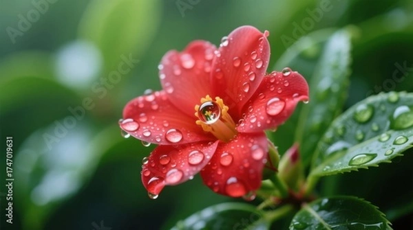 Obraz  a vibrant red flower with water droplets glistening on its petals, surrounded by lush green leaves in the background