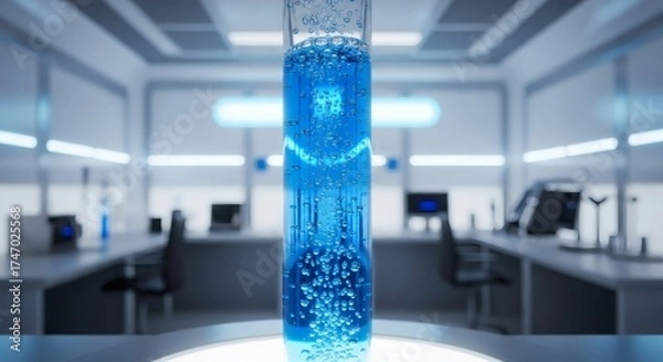Obraz Futuristic science lab with glowing blue liquid in tube. Suitable for tech or sciencerelated designs and marketing materials.