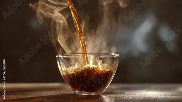 Obraz Hot coffee pouring into a transparent bowl with steam