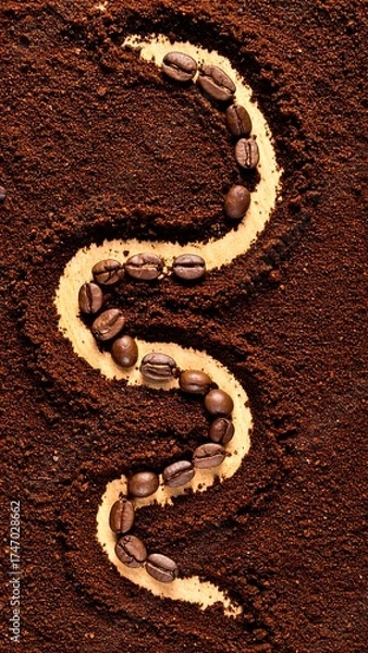 Fototapeta Coffee beans arranged in a winding serpentine pattern on a bed of ground coffee