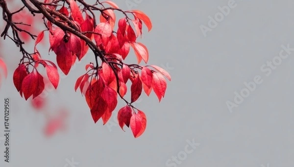 Fototapeta Red leaves on branch against gray sky, autumn season