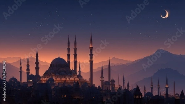 Fototapeta Mosque silhouette against twilight sky with crescent moon over mountains