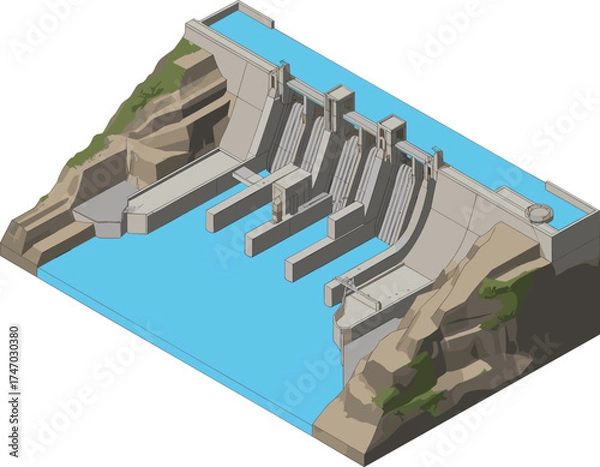 Fototapeta Modern hydroelectric dam with flowing water reservoir, renewable energy power generation structure surrounded by rocky mountains, sustainable engineering concept illustration