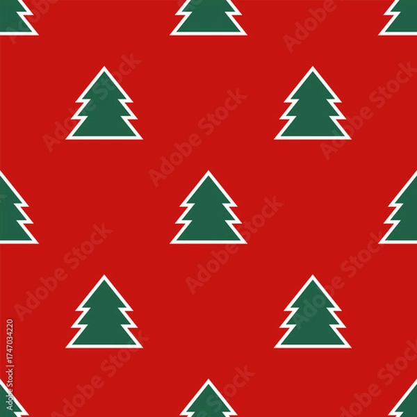 Obraz Seamless Christmas pattern on a red background. Minimalist Christmas and New Year background with cute fir trees for textile prints, gift wrapping paper, wallpaper, greeting cards