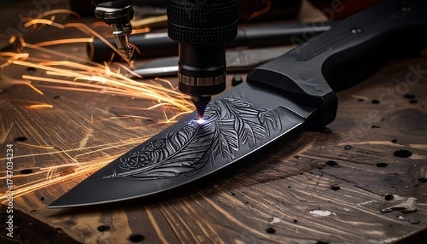 Fototapeta Laser engraving a knife blade with intricate feather design.  Sparks fly from the laser