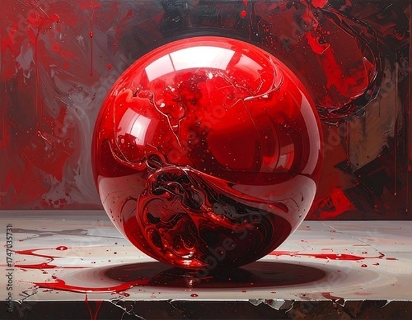 Fototapeta Red sphere on a textured surface. Abstract, dynamic background