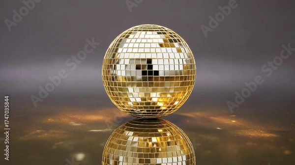 Obraz Shiny gold disco ball in reflective style in gold and silver colors used for parties
