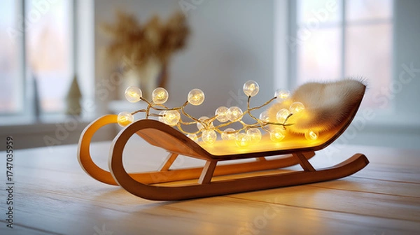 Obraz Decorative wooden sleigh with lights in warm colors for Christmas decor