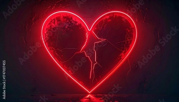 Fototapeta Neon red heart with cracks, dramatic lighting