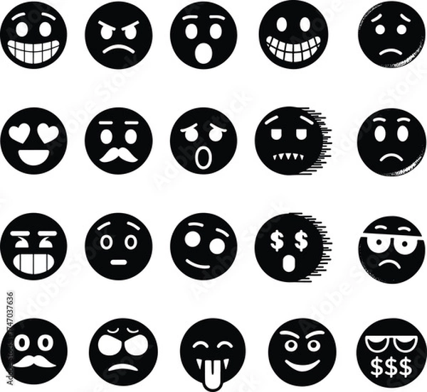 Fototapeta Set of diverse black and white emoji vector icons collection