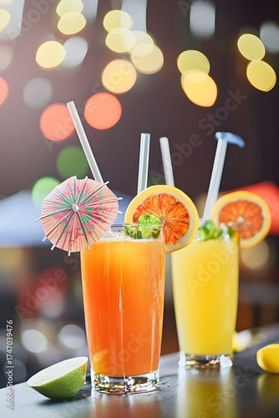 Fototapeta Two Colorful Cocktails with Orange Slices and Umbrellas