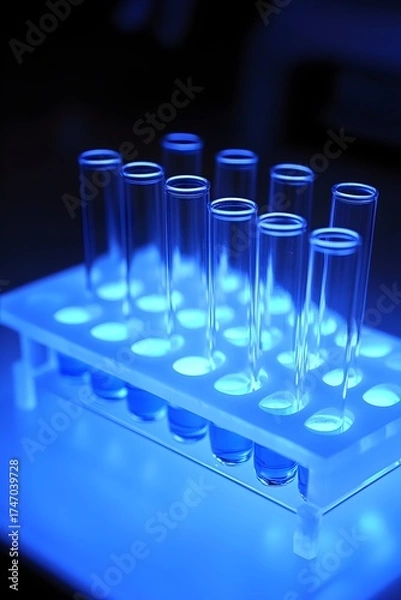 Fototapeta Test Tubes with Blue Liquid in a Laboratory Rack science