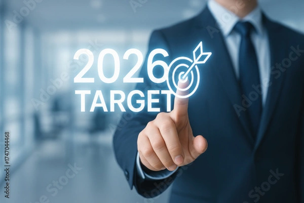 Fototapeta Business growth 2026 target goal achievement entrepreneur businessman suit touch screen target icon year 2026 office blurred background modern goal setting success strategy planning achievement