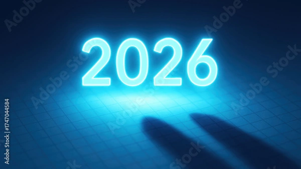 Fototapeta 2026 neon numbers glowing over business grid imply growth target and goal for achievement in futuristic concept image inspiring ambition and progress
