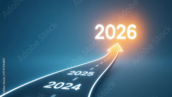 Fototapeta Business growth 2026 target goal achievement road arrow leading to future with glowing 2026 symbol showing progress and optimistic determination