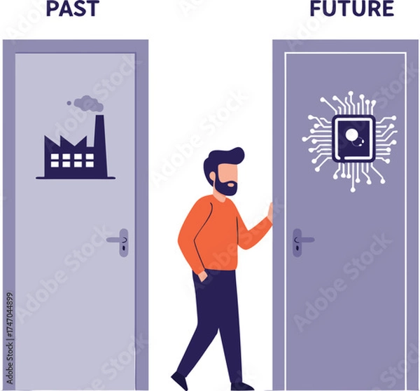 Obraz A person is faced with a choice between the past and the future. The doors symbolize the old factory work and the new era of digital technology, AI, and automation. 