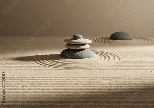 Fototapeta 枯山水の砂紋と石