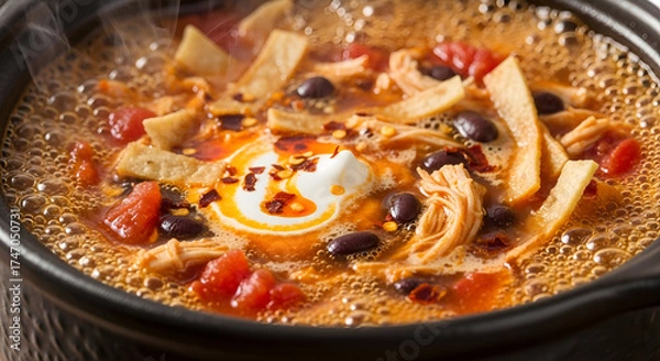 Fototapeta Bubbling Tortilla Soup with Chicken and Beans in Pot
