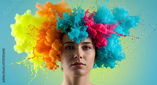 Fototapeta Vibrant Colorful Powder Explosion Around A Woman's Head Representing Creativity And Imagination