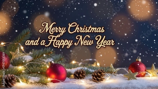Fototapeta Festive Christmas and New Year message displayed above snowy pine branches, red ornaments, golden stars, and glowing lights under the softly falling snow evening scene