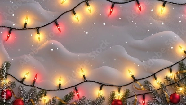 Fototapeta Festive red and yellow Christmas lights glow warmly above snow-covered ground, featuring pine branches and ornaments adding holiday charm within the calm winter evening setting