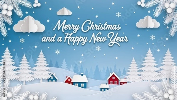 Fototapeta Illustration of the festive winter village featuring Christmas greeting text, snowy pine trees, red houses, and paper-style clouds under a calm blue sky, evoking a cheerful holiday mood