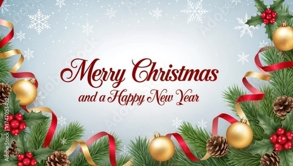 Fototapeta Colorful Christmas greeting card featuring pine branches, red ribbons, golden ornaments, and snowflakes upon the light winter background, creating a joyful and festive holiday atmosphere