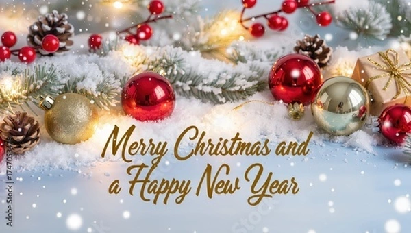 Fototapeta Bright Christmas ornaments, pinecones, and gift boxes rest upon snowy branches illuminated by warm lights, creating the cozy winter holiday atmosphere within soft daylight