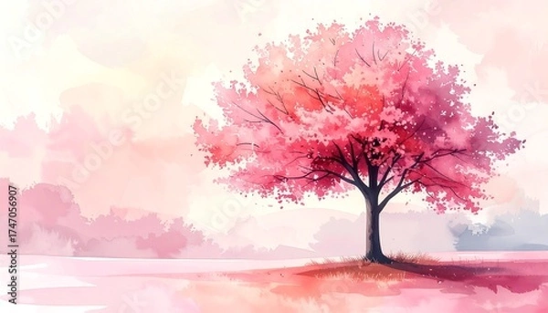Fototapeta Watercolor blossom tree landscape