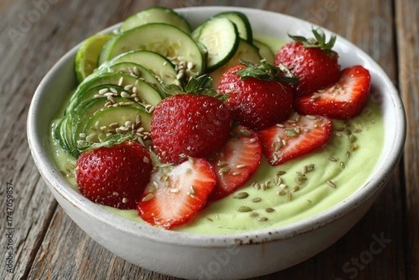 Fototapeta Green Smoothie Bowl with Strawberries and Sliced Avocado