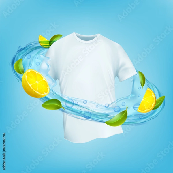 Obraz White t-shirt with lemon-scented fabric softener or laundry detergent. Vector illustration.