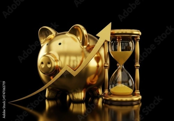 Fototapeta Golden piggy bank and hourglass with upward arrow symbolizing financial growth