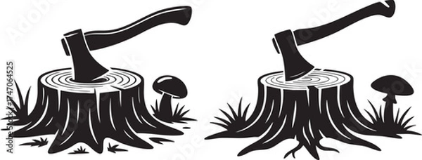 Fototapeta Axe in a Tree Stump Silhouette wood mushroom black and white illustration set, forestry lumberjack woodcutting logging nature outdoors tool