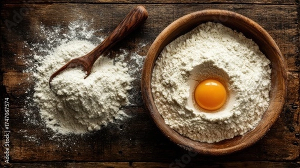 Obraz Stunning photo of flour with egg in wooden bowl and spoon on rustic wooden table top view.