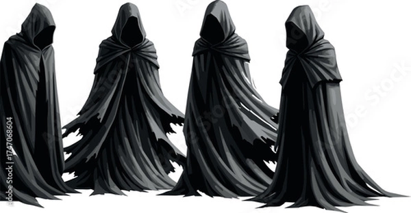 Obraz Dark hooded figures illustration, mysterious cloaked specters, black robes with tattered edges, fantasy horror concept, ominous group design, faceless shadow beings