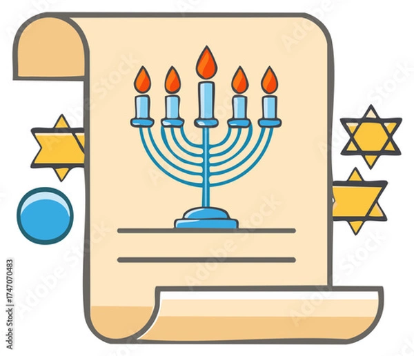 Obraz Festive Hanukkah Scroll with Traditional Menorah, Stars of David and Dreidel Illustrations for Holiday Celebration