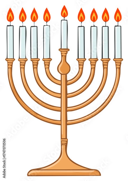 Obraz Menorah with eight burning candles and a central shamash on white background