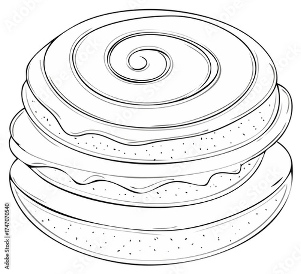 Obraz Black and white line art illustration of a delicious layered dessert with a sweet spiral swirl top.